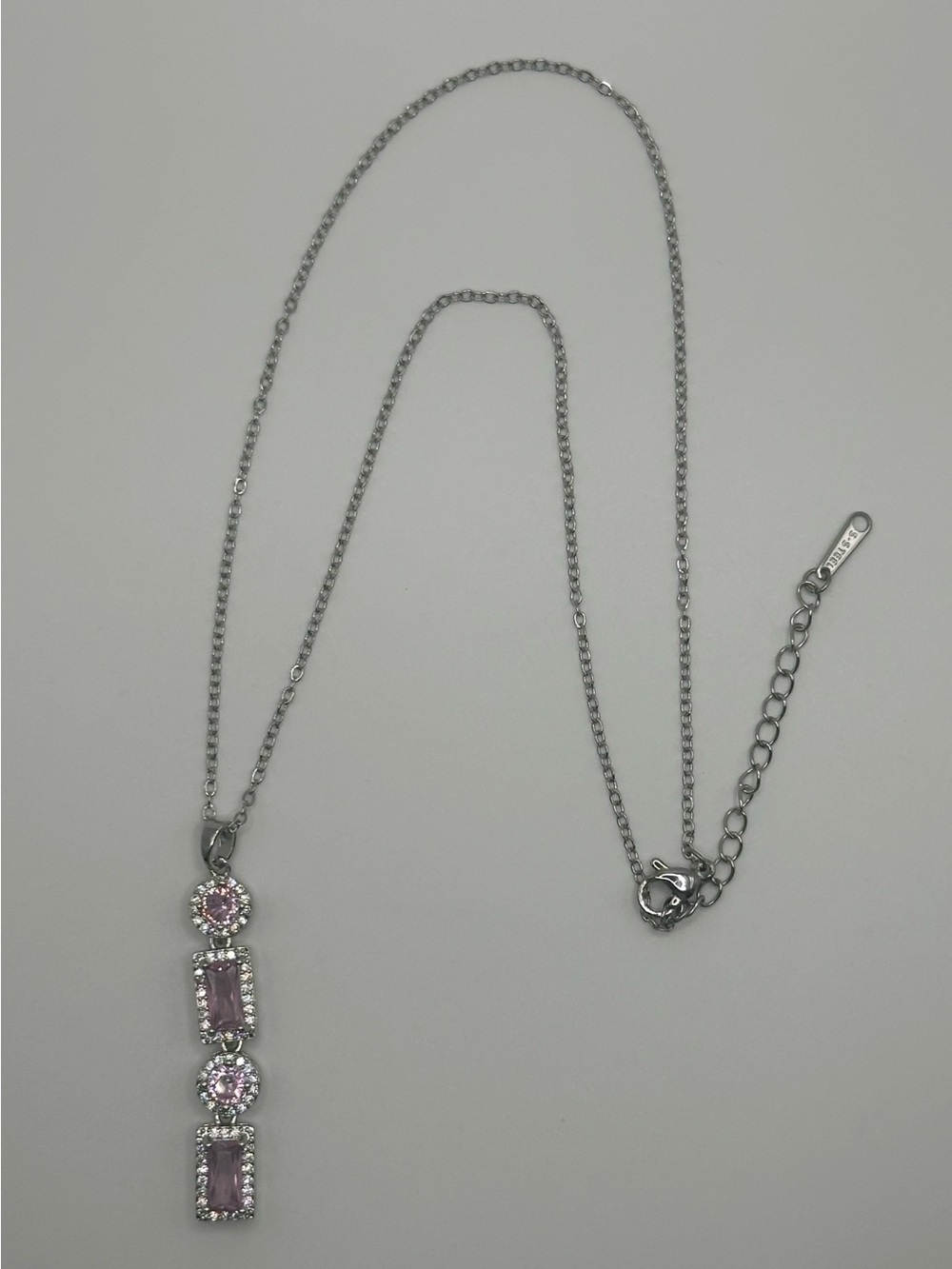 Silver Tone Pink Crystal Drop Necklace